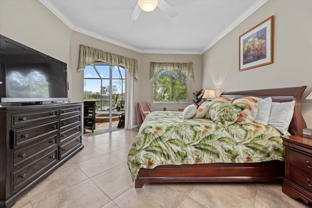 bedroom featuring light tile patterned floors, access to outside, ornamental molding, and a ceiling fan