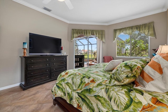 bedroom featuring baseboards, visible vents, ceiling fan, access to exterior, and crown molding