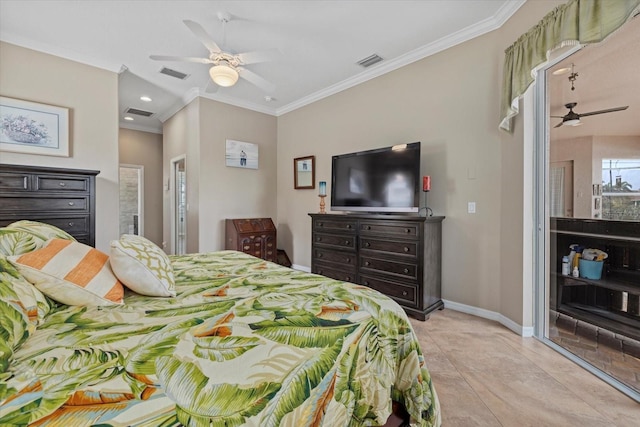 bedroom featuring baseboards, visible vents, crown molding, and recessed lighting