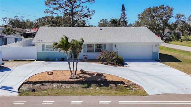 single story home featuring roof with shingles, stucco siding, a gate, fence, and driveway