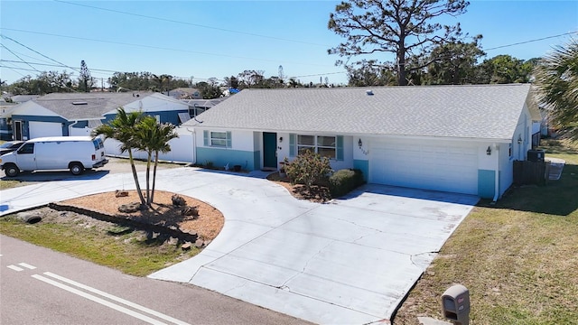 ranch-style home featuring driveway, an attached garage, a shingled roof, and stucco siding