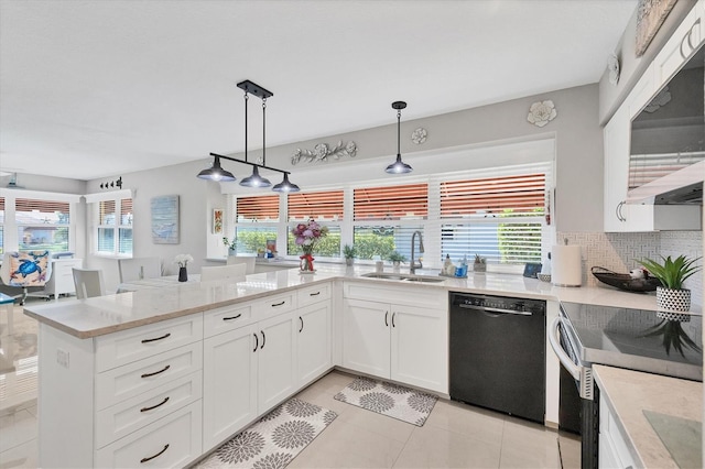 kitchen with stainless steel range with electric cooktop, a sink, white cabinets, dishwasher, and a wealth of natural light