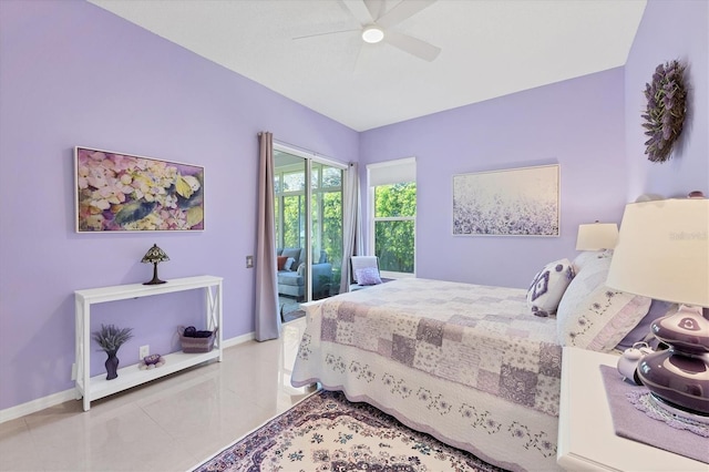 bedroom featuring tile patterned floors, baseboards, and ceiling fan