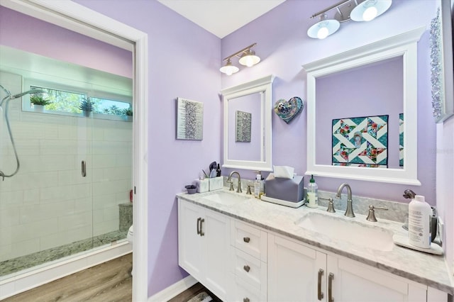 full bathroom featuring a sink, double vanity, wood finished floors, and a shower stall