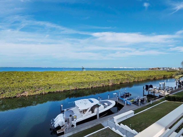 dock area featuring a water view and boat lift