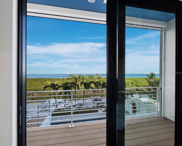 entryway with a water view and wood finished floors