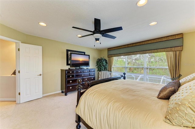 bedroom featuring recessed lighting, light carpet, ceiling fan, and baseboards