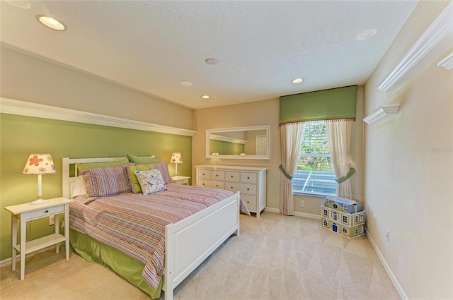 bedroom featuring carpet, baseboards, a textured ceiling, and recessed lighting