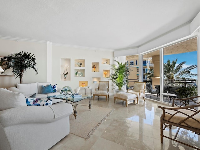 living area with ornamental molding