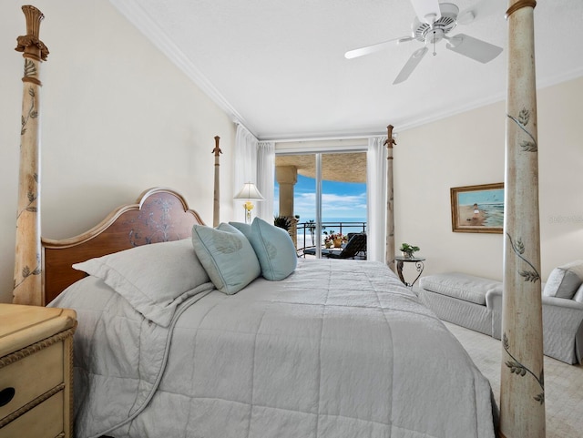 bedroom with ceiling fan, access to exterior, and ornamental molding