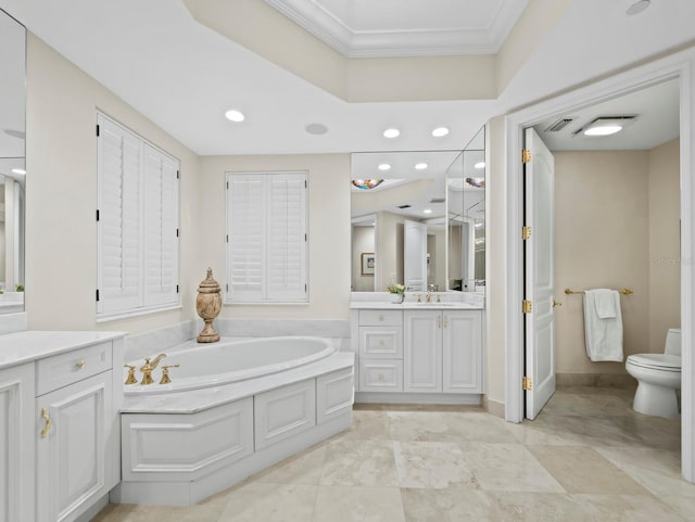 bathroom featuring visible vents, toilet, ornamental molding, a bath, and vanity