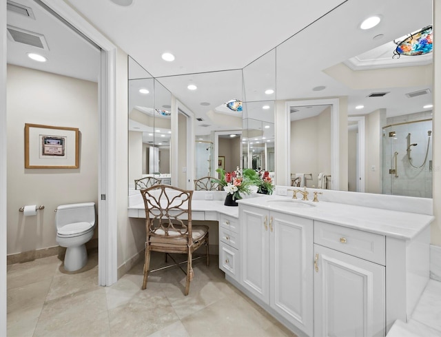 full bathroom featuring recessed lighting, visible vents, a shower stall, and vanity