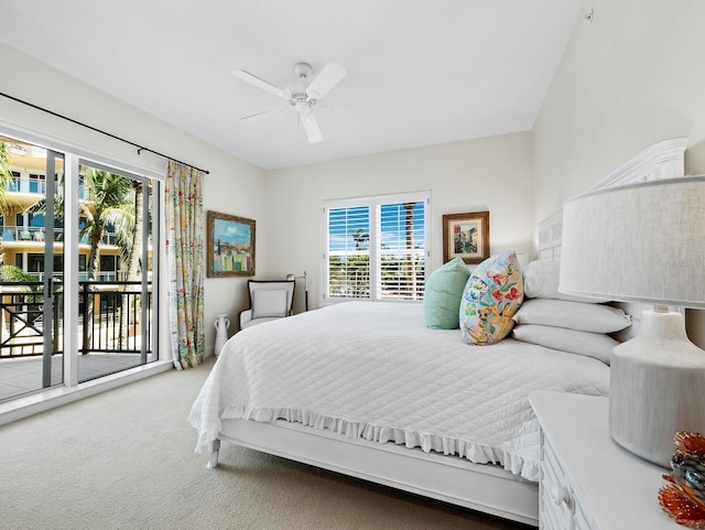 carpeted bedroom featuring a ceiling fan and access to outside