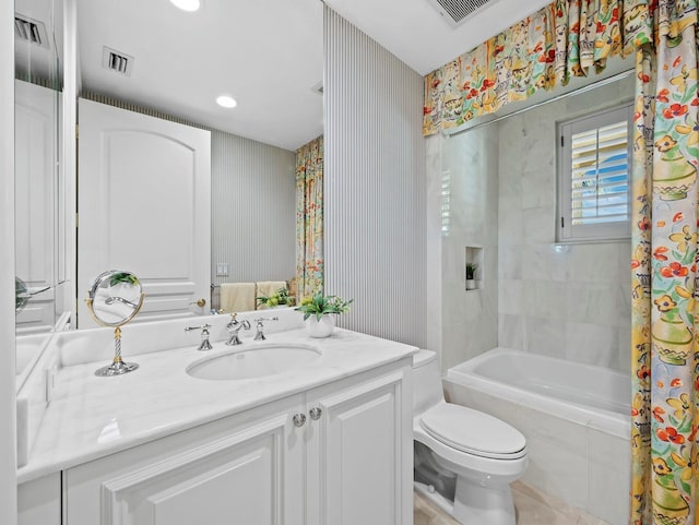 full bathroom with visible vents, wallpapered walls, toilet, and vanity