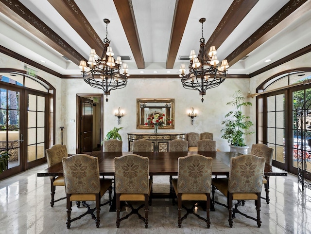 dining space featuring visible vents, beam ceiling, and an inviting chandelier