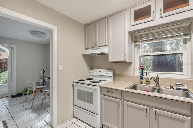 kitchen featuring a sink, under cabinet range hood, plenty of natural light, and electric stove