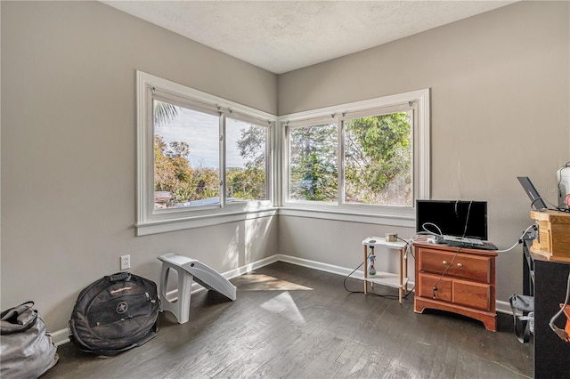 interior space with a wealth of natural light, a textured ceiling, baseboards, and wood finished floors