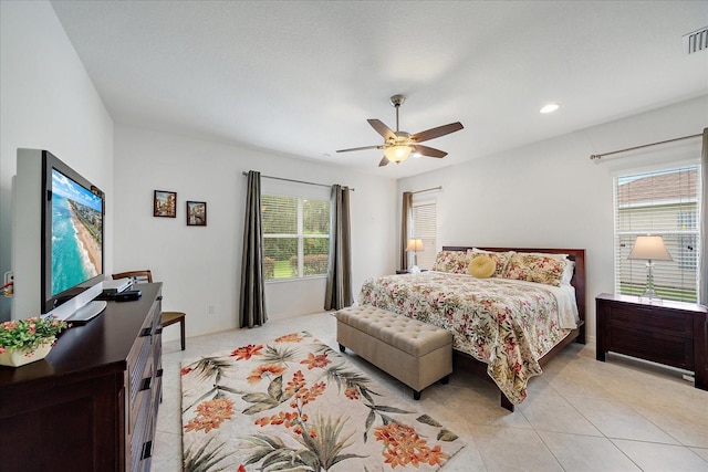 bedroom with recessed lighting, visible vents, a ceiling fan, and light tile patterned flooring