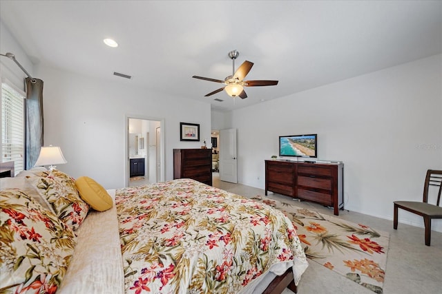 bedroom featuring recessed lighting, visible vents, ceiling fan, and ensuite bath