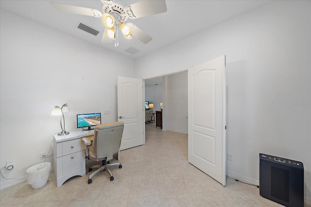 office area with a ceiling fan, visible vents, and light tile patterned flooring