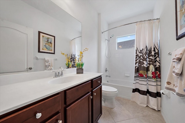 full bathroom with shower / tub combo, vanity, toilet, and tile patterned floors