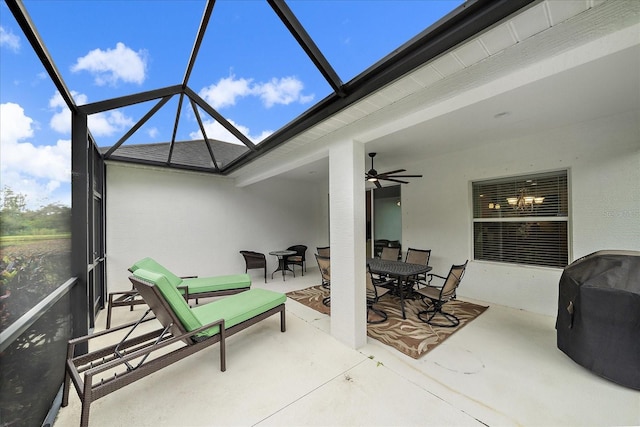 sunroom / solarium with ceiling fan