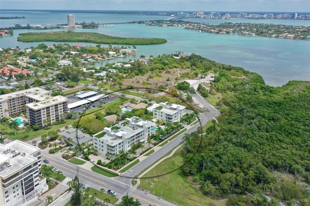 drone / aerial view featuring a water view