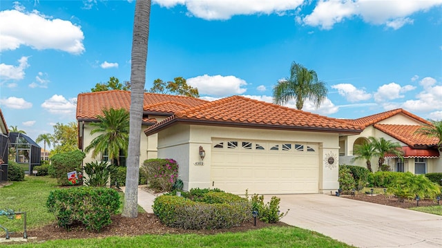 mediterranean / spanish-style home with a garage, a tile roof, driveway, and stucco siding