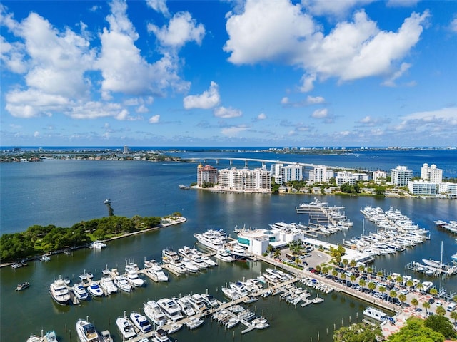 drone / aerial view with a water view and a view of city