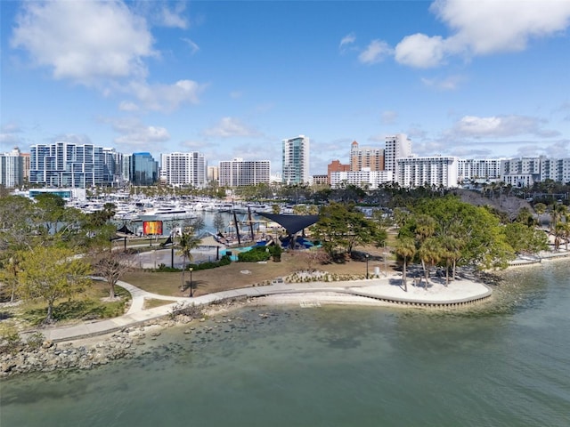 drone / aerial view featuring a water view and a city view