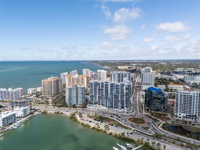 drone / aerial view featuring a view of city and a water view