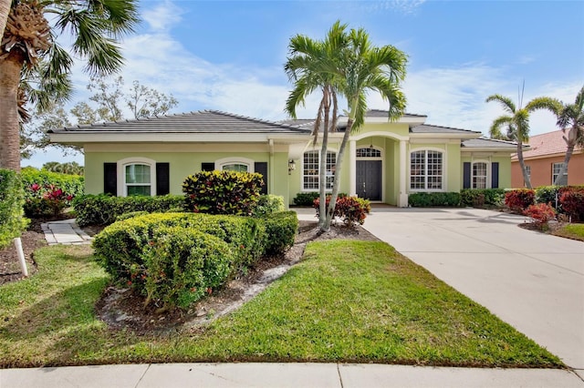 view of front of property with a front yard and stucco siding