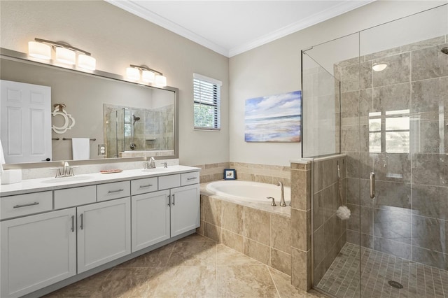 full bath featuring a sink, a shower stall, crown molding, double vanity, and a bath