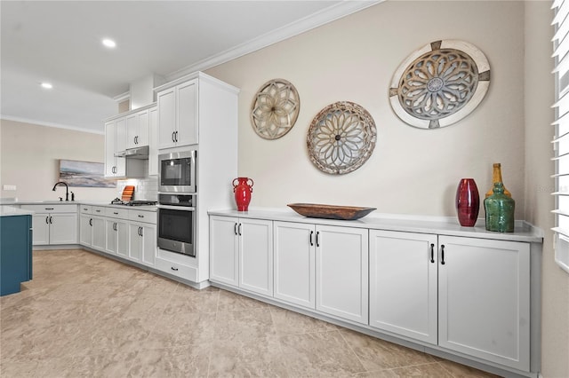 kitchen featuring a sink, appliances with stainless steel finishes, under cabinet range hood, crown molding, and tasteful backsplash