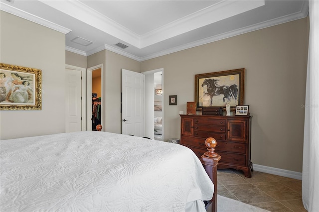 bedroom featuring tile patterned flooring, visible vents, crown molding, baseboards, and a raised ceiling