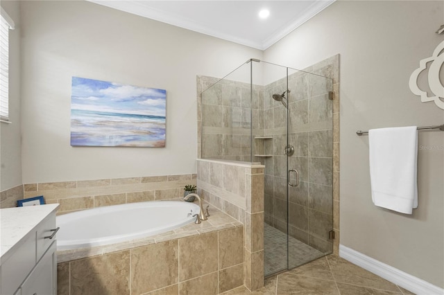 bathroom featuring a stall shower, ornamental molding, tile patterned flooring, a bath, and vanity