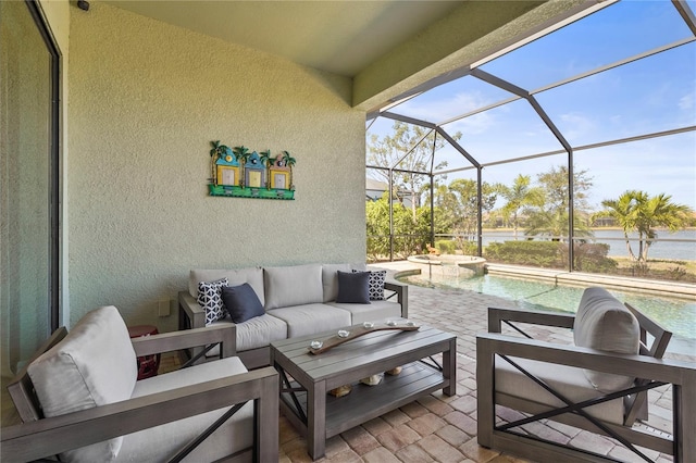 view of patio with outdoor lounge area, a lanai, a water view, and a pool with connected hot tub