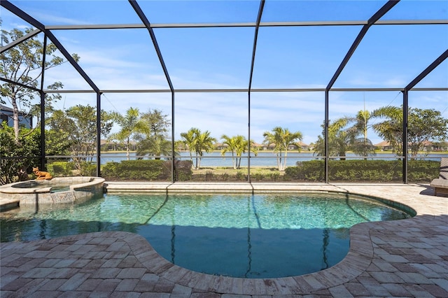 view of pool featuring glass enclosure