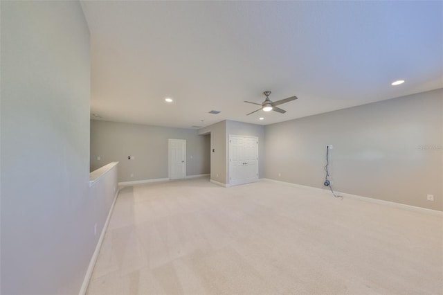 unfurnished room with baseboards, recessed lighting, and a ceiling fan