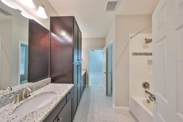 bathroom with tile patterned floors, visible vents, tub / shower combination, and vanity