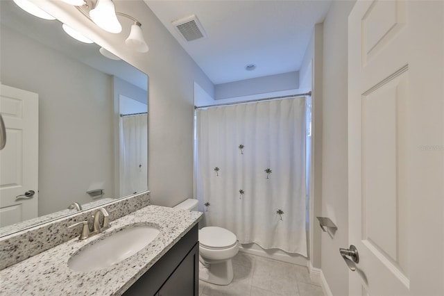 full bathroom with toilet, vanity, tile patterned flooring, and visible vents