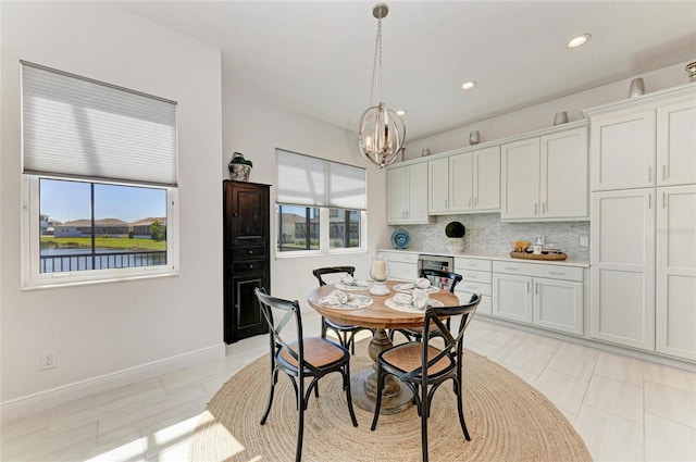 dining space featuring a chandelier, recessed lighting, a wealth of natural light, and baseboards