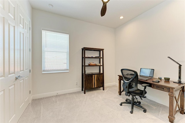 home office featuring light carpet, baseboards, a ceiling fan, and recessed lighting