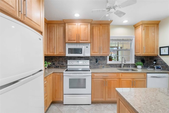 kitchen featuring recessed lighting, backsplash, a ceiling fan, a sink, and white appliances