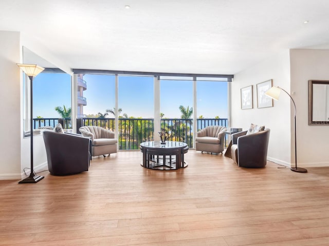 living area with a healthy amount of sunlight, baseboards, and wood finished floors