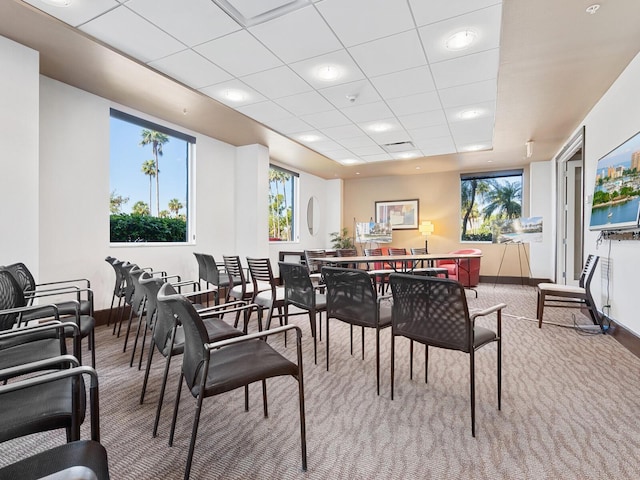 carpeted dining area with plenty of natural light, baseboards, and a drop ceiling