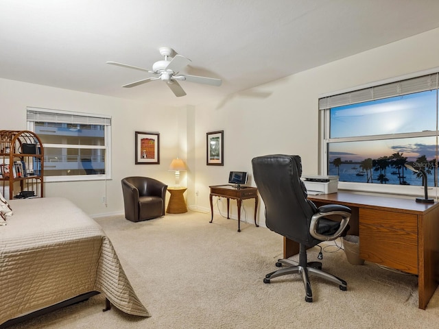 carpeted office space featuring ceiling fan and baseboards