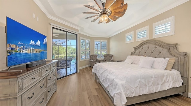 6621 The Masters Ave, Lakewood Ranch, FL 34202 - bedroom with light wood-type flooring, access to outside, ornamental molding, baseboards, and ceiling fan
