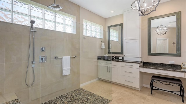 6621 The Masters Ave, Lakewood Ranch, FL 34202 - bathroom featuring a chandelier, walk in shower, and vanity