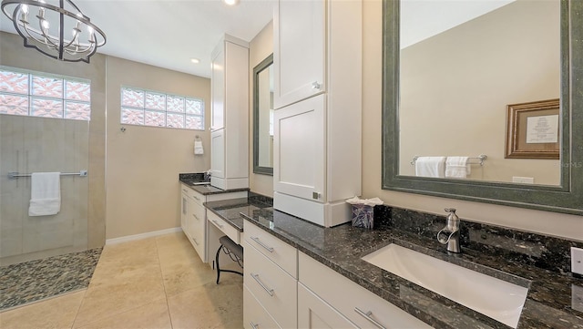 6621 The Masters Ave, Lakewood Ranch, FL 34202 - bathroom featuring a chandelier, vanity, walk in shower, recessed lighting, and tile patterned floors